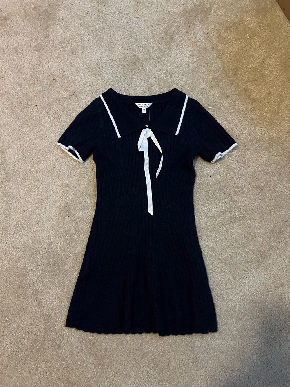 Miss Selfridge Navy Knit Dress with White Trim and Ribbon